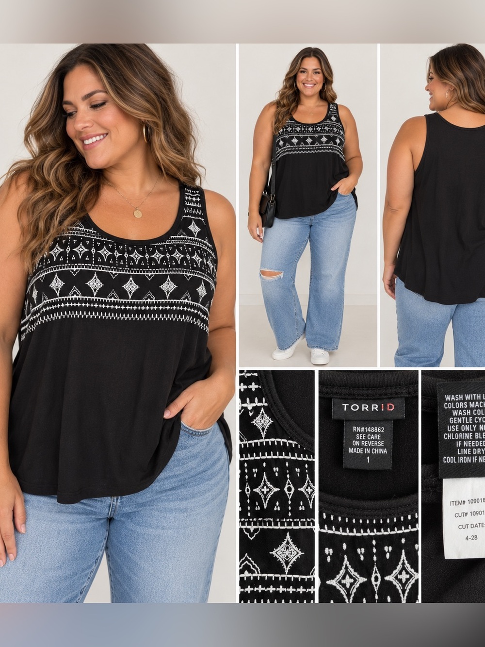 Torrid Black & White Embroidered Boho Tank Top Size 1 Plus Size